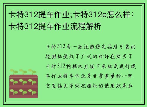 卡特312提车作业;卡特312e怎么样：卡特312提车作业流程解析