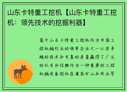 山东卡特重工挖机【山东卡特重工挖机：领先技术的挖掘利器】